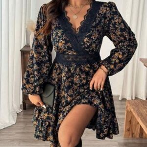 NEW SHEIN Frenchy ditty floral ruffle trim  long sleeve mini dress sz L